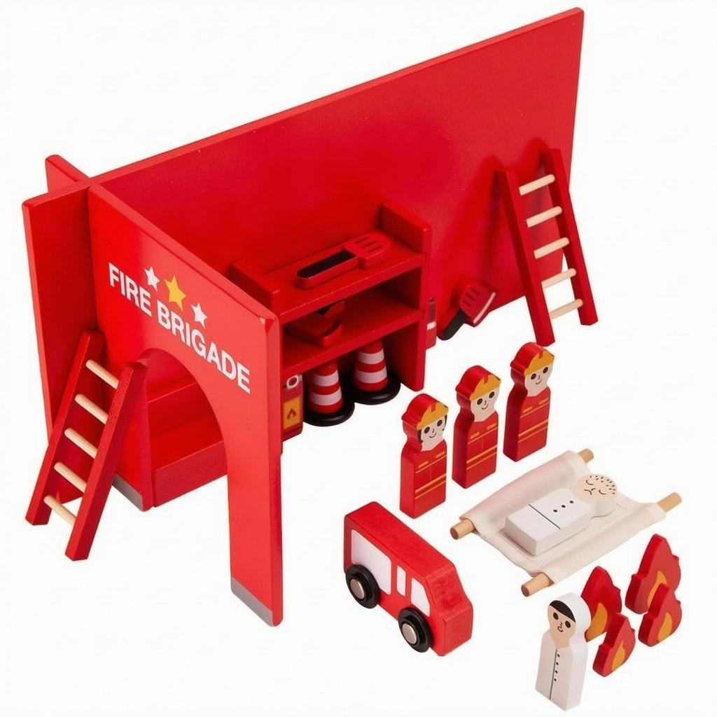 Wooden Fire Station Set Painted Assist Toy Scene Bright Red Firefighter Figure for Kids