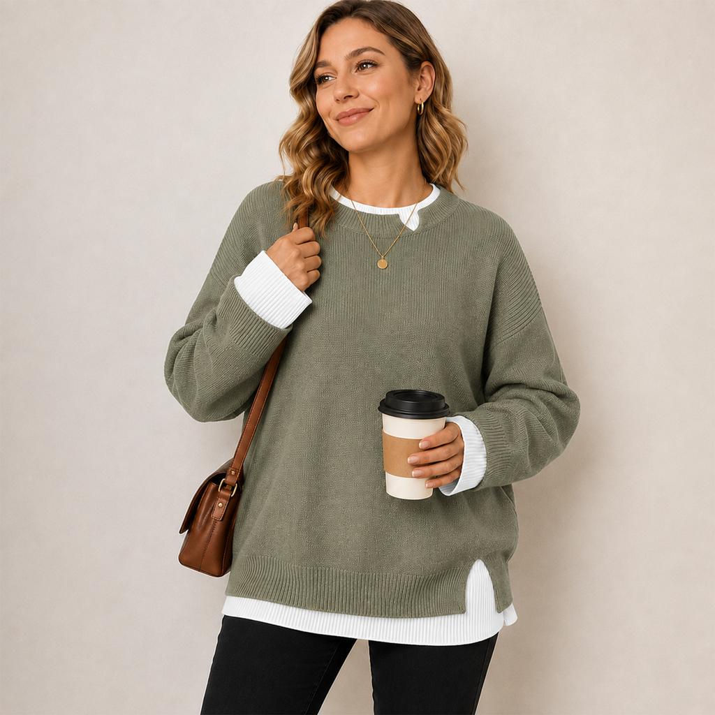 Women's Double Layer Collar Knit Pullover Sweater