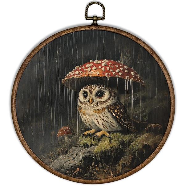 XBBMGG Dark Academia Woodland Owl Wall Art Decor, Whimsical Cottagecore Owl Mushroom Round Wall Hanging Decor, Wildlife Bird Framed Canvas Prints for