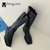 Fashion Retro Square Toe Knight Botas Female Low Heels Motorcycle Boots Women Pu Leather Shoes Solid Slip On Mid-calf Booties Femme