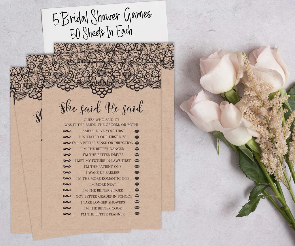 Inkdotpot Victorian Black Lace Kraft Theme Bachelorette Party Games Set Bundle of 5 (Activities for 50 Guests) Fun Bridal Shower Games Set