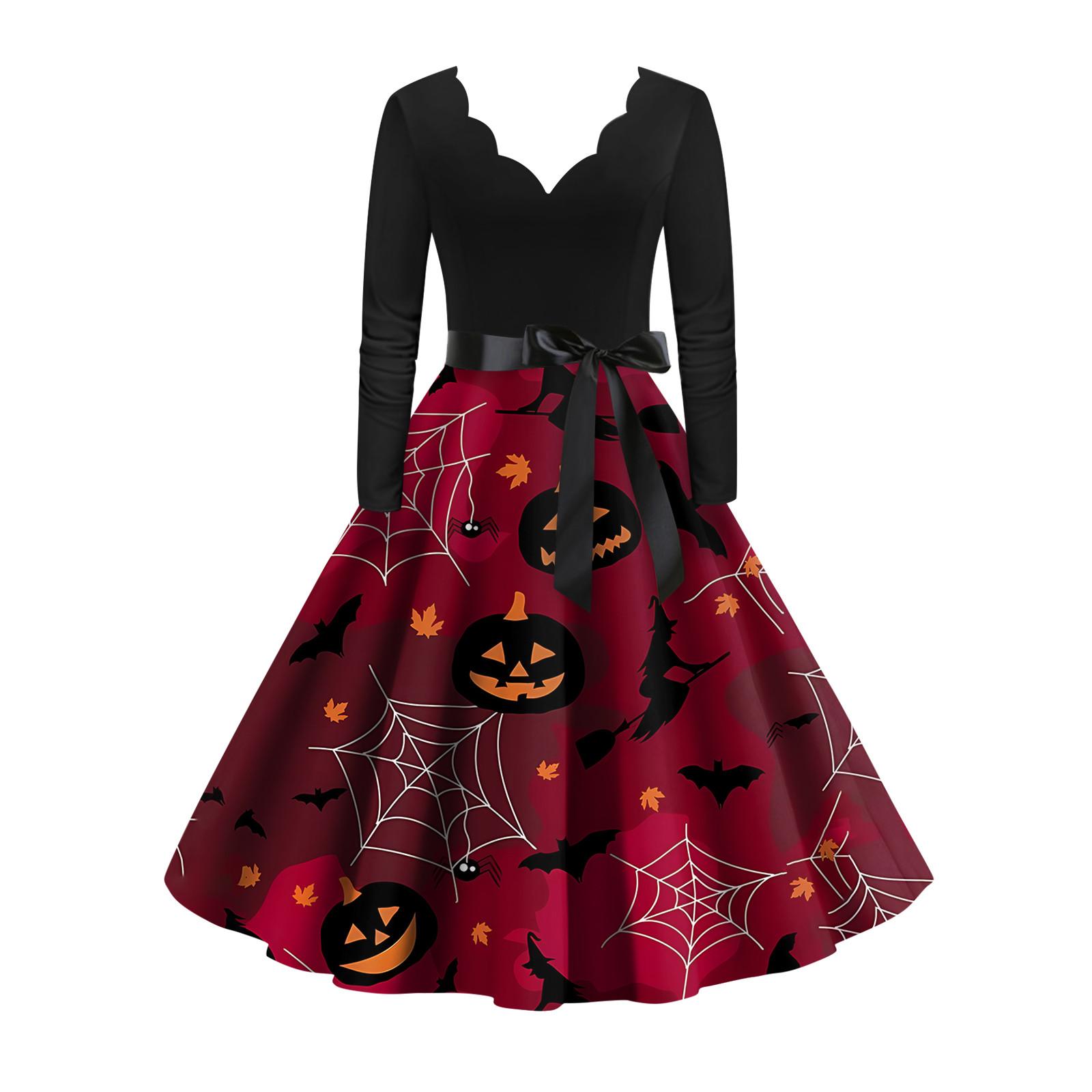 

Женское винтажное классическое платье с вырезом на талии и галстуком-бабочкой с длинными рукавами на Хэллоуин с принтом и V-образным вырезом, свободное платье XXXXL