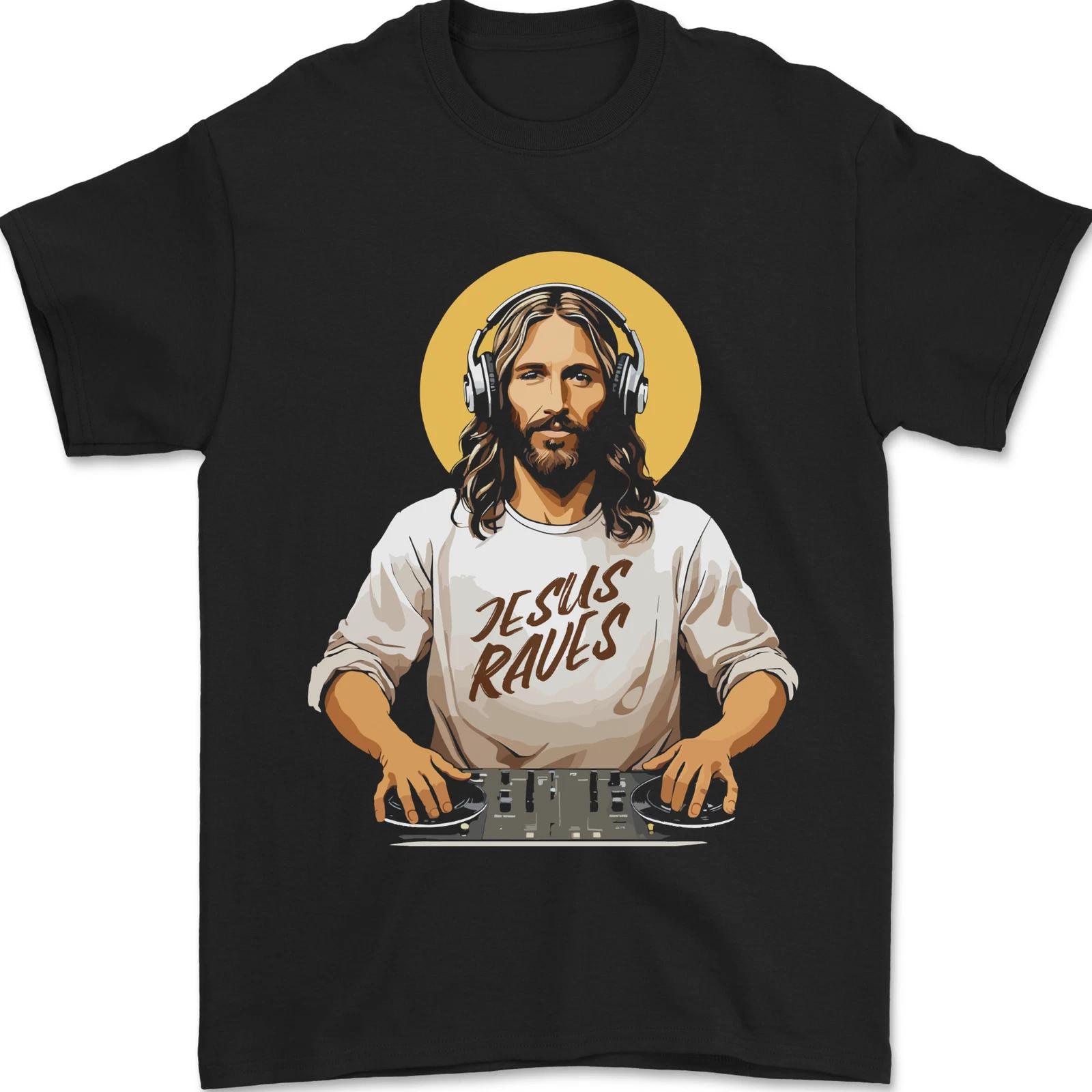 Jesus Raves Funny DJ Music Decks Christian Mens T-Shirt 100% Cotton L