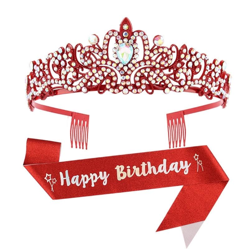 Fashionable 2pcs Rhinestones Tiaras Headband and Sash Hairpiece Hair Accesories for Women’s Birthday Party Accessories