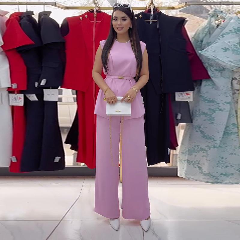 

Женский белый комбинезон без рукавов с широкими штанинами и поясом, элегантный цельный ромпер L розовый