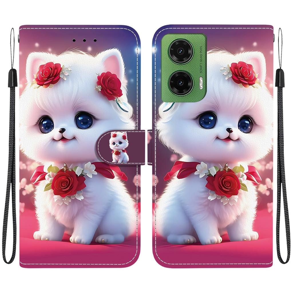 Handmade PU Leather Flip Case for Motorola Moto G35 Anti-Slip Shockproof Cover with Wrist Strap & Heart/Rose Cat Designs