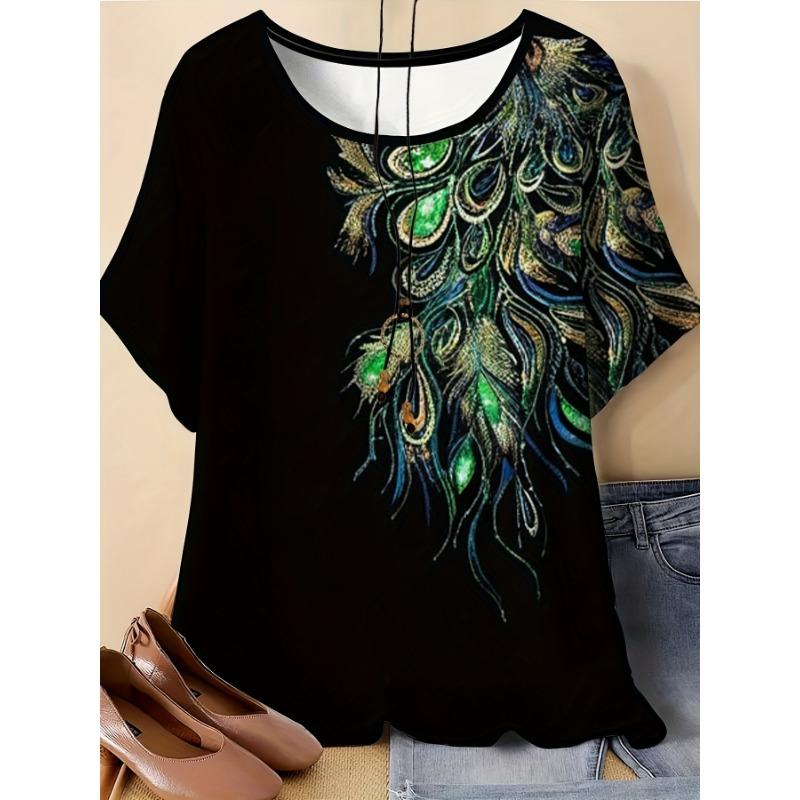 Plus Size Women s Hot Peacock Feather Print T-Shirt S
