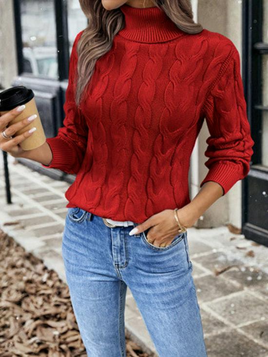 Suéter de Punto Trenzado de Cuello Alto de Color Sólido para Mujer - Colección Otoño/Invierno