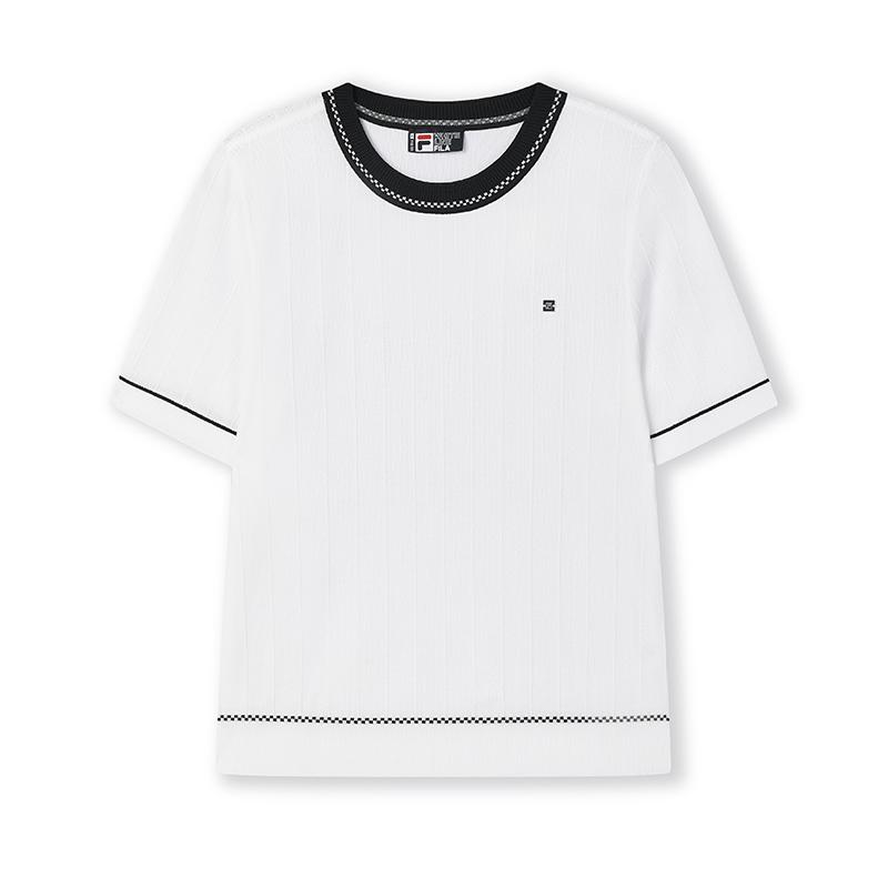 Fila White Versatile Comfortable Sports Casual Simple Short Sleeve Knit Top Women Tops Cloud-White F11W523401F-WT
