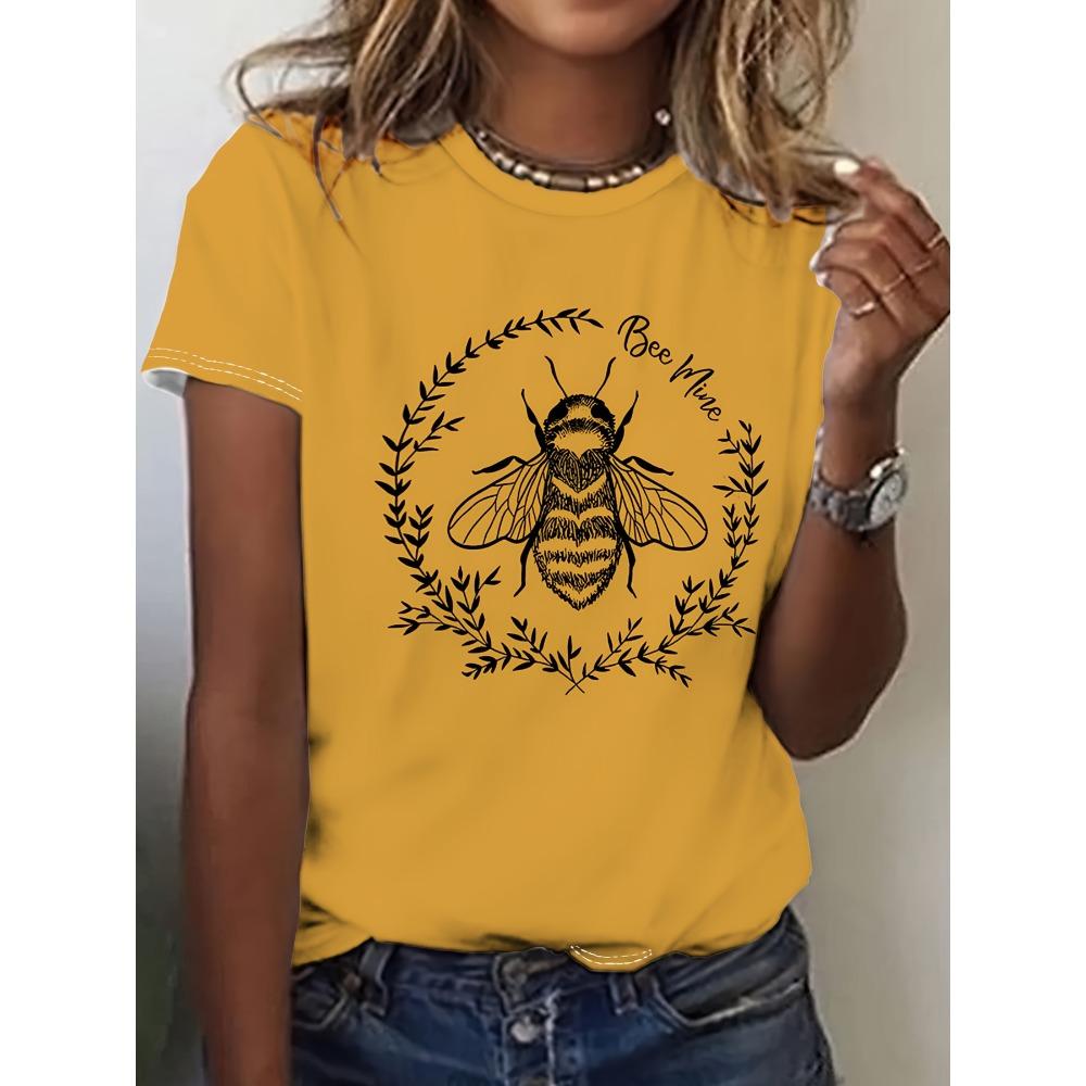 Women's Casual T-shirt, Round Neck Summer T-shirt, Short Sleeved, Bee Flower Print, Outdoor Women's Fashion, Large Clothing