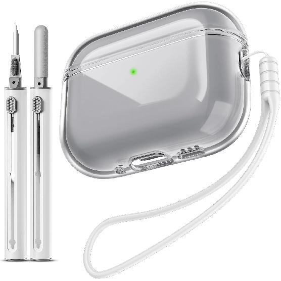 EQD AirPods Pro 2 Kılıfı Şeffaf, Temizleme Kiti ve Anahtarlık ile, Beyaz