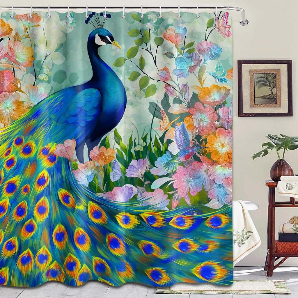 Peacock Shower Curtain Feather Asian Chinoiserie Watercolor Floral Art Bathroom Decor, Waterproof Cloth Fabric with Hooks