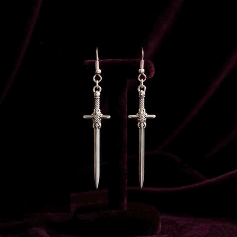 Silver Cross Sword Pendant Earrings - Retro Gothic Style Jewelry