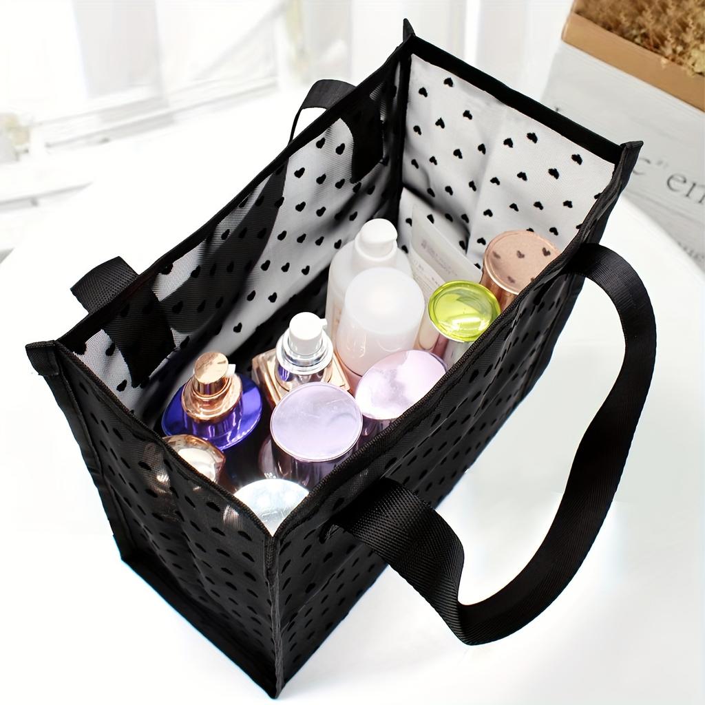 1pc Black Mesh Tote Bag with Heart Decor, Minimalist Cosmetic Storage Handbag for Women, Durable & Lightweight Design, Sturdy White Dots Pattern