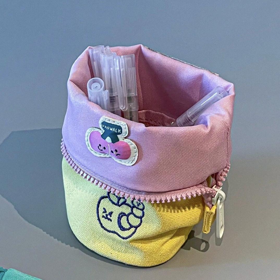 

Creative Macaron Color Flip-top Pencil Holder Large Capacity Embroidered Pencil Bags Cute Student Stationery Storage Cylinder