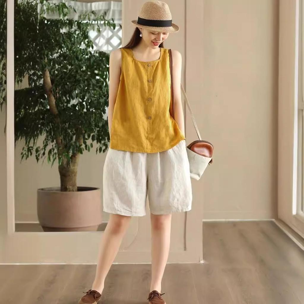 Summer Retro Ladies Cotton and Linen Sleeveless Cotton and Linen Vest Loose Sling All-match Slimming Bottoming Outer Clothes