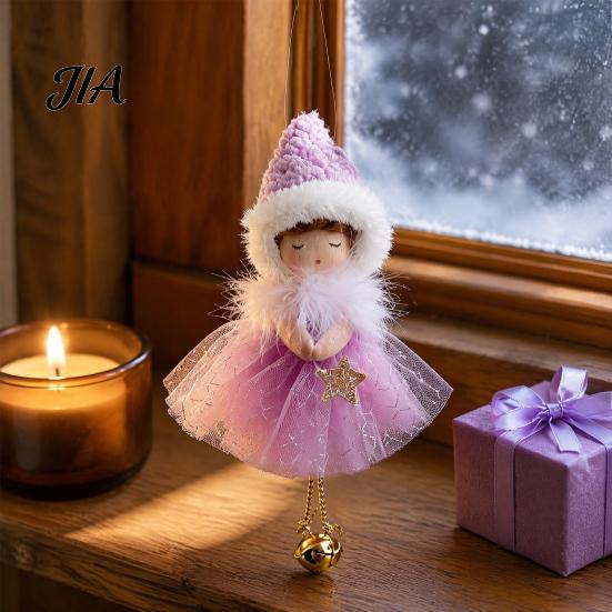 Christmas Tree Ornaments Angel Hanging Ornaments, Decorative Tulle Dress Doll Pendant Cream Aesthetic Home Accents with Bell for Xmas Wedding