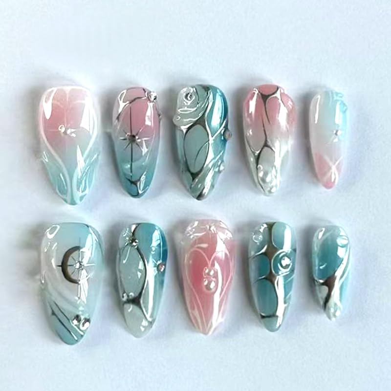 Black Yellow French Tip Press on Nails with Flower Design Long Almond Natural Glue on Nail Glossy Acrylic False Nails Reusable Artificial Stick on