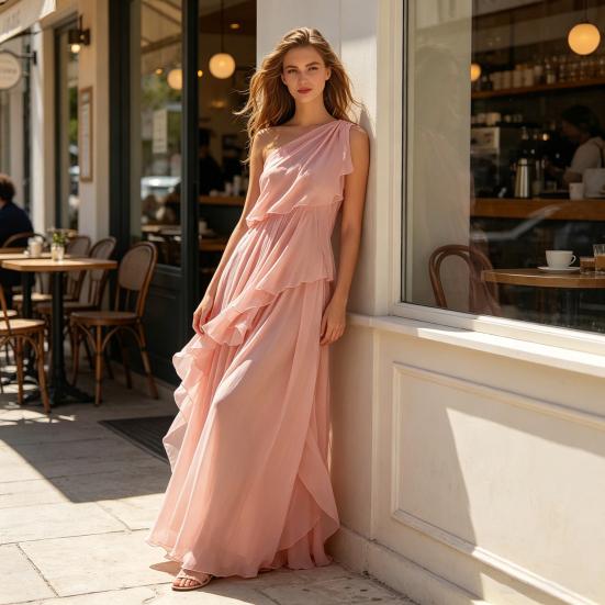 Chiffon Tiered Ruffle Dress Summer One for Women Shoulder