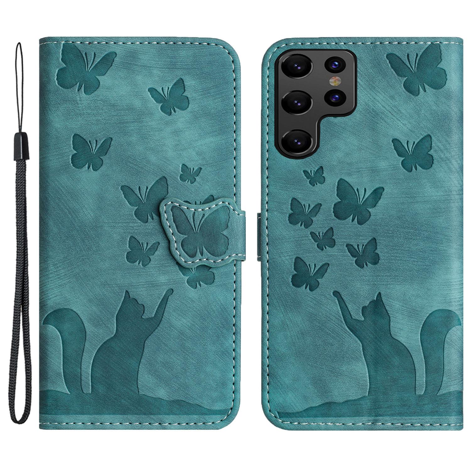 

For Samsung Galaxy S24 Ultra Case Butterfly Cat Pattern Leather Book Style Flip Cover Green