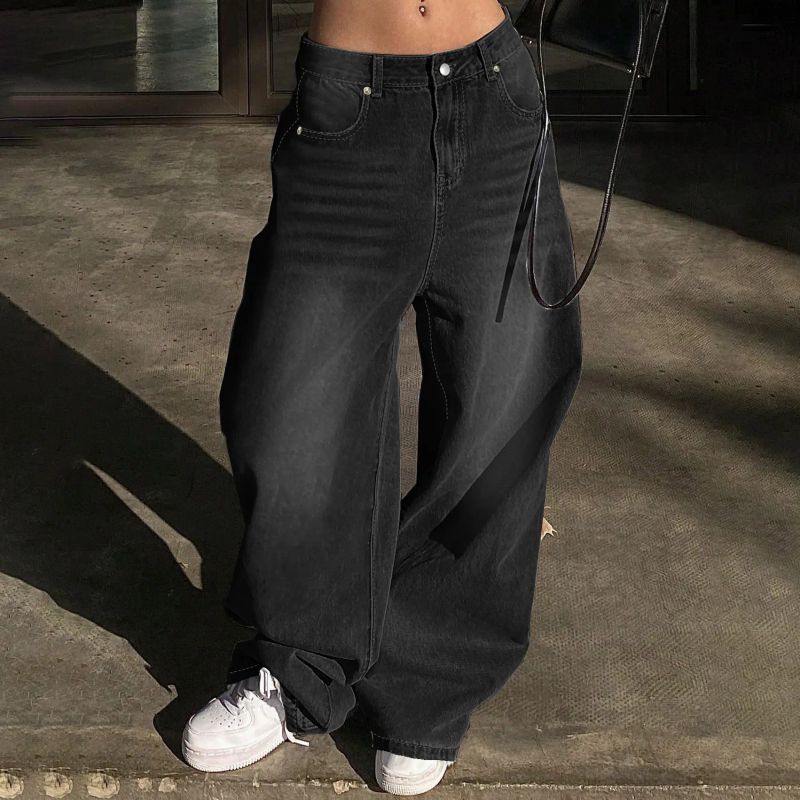 

Fashion Sexy Wind Washed Wide Leg Long Mop Sense Jeans for Women Loose Straight All-Matching Casual Denim Pants Black XL