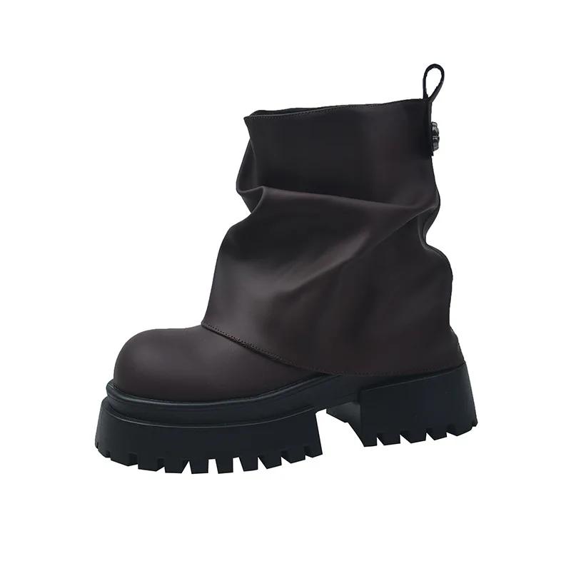 Móda 2025 Nové plisované kulaté špičky na silné podrážce britské jezdecké kozačky pod koleno podzimní móda na silném podpatku