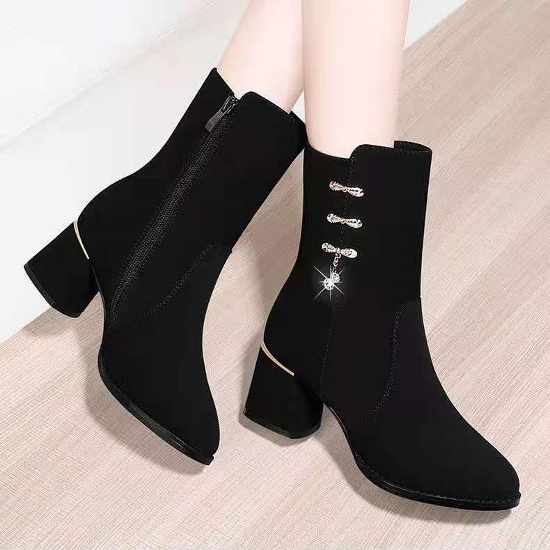 2025 New Martin Boots Velvet Cotton Shoes Autumn and Winter Mid-heel Coarse Heel Matte Snow Boots Short High Heel Mid-boots Women
