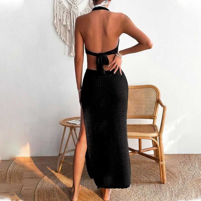 

Beach Swimsuit Cover up Beach Dress Women Knitting Cut Out Bikini Swimsuit Blouse Sun-Protective Clothing Black S