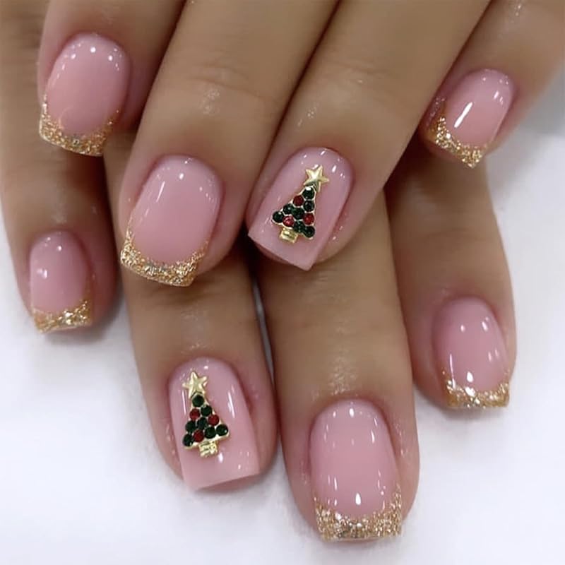 Cute Snowflake Deer Fake Nails Short Square Christmas Press On Nails with Heart Glue On Nails Glossy Winter Xmas Acrylic Stick On Nails for Women DIY