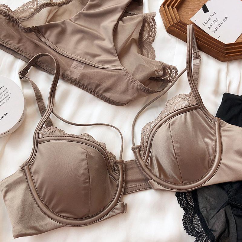 Sutien cu cataramă în față cu goluri sexy Set de lenjerie de corp pentru femei, cupă subțire din dantelă franceză, bralette confort, adunați sutien push-up și chiloți Lenjerie