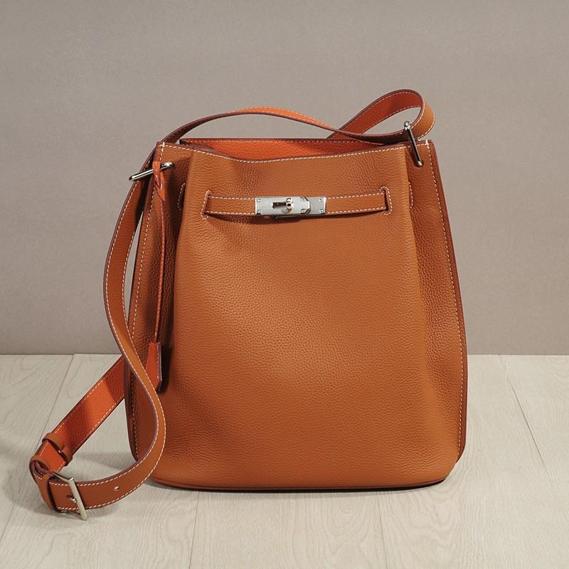 Genuine Leather 2025 Crossbody Bucket Bag - Casual, Trendy Vertical Cowhide Horseshoe Design by Sokelly