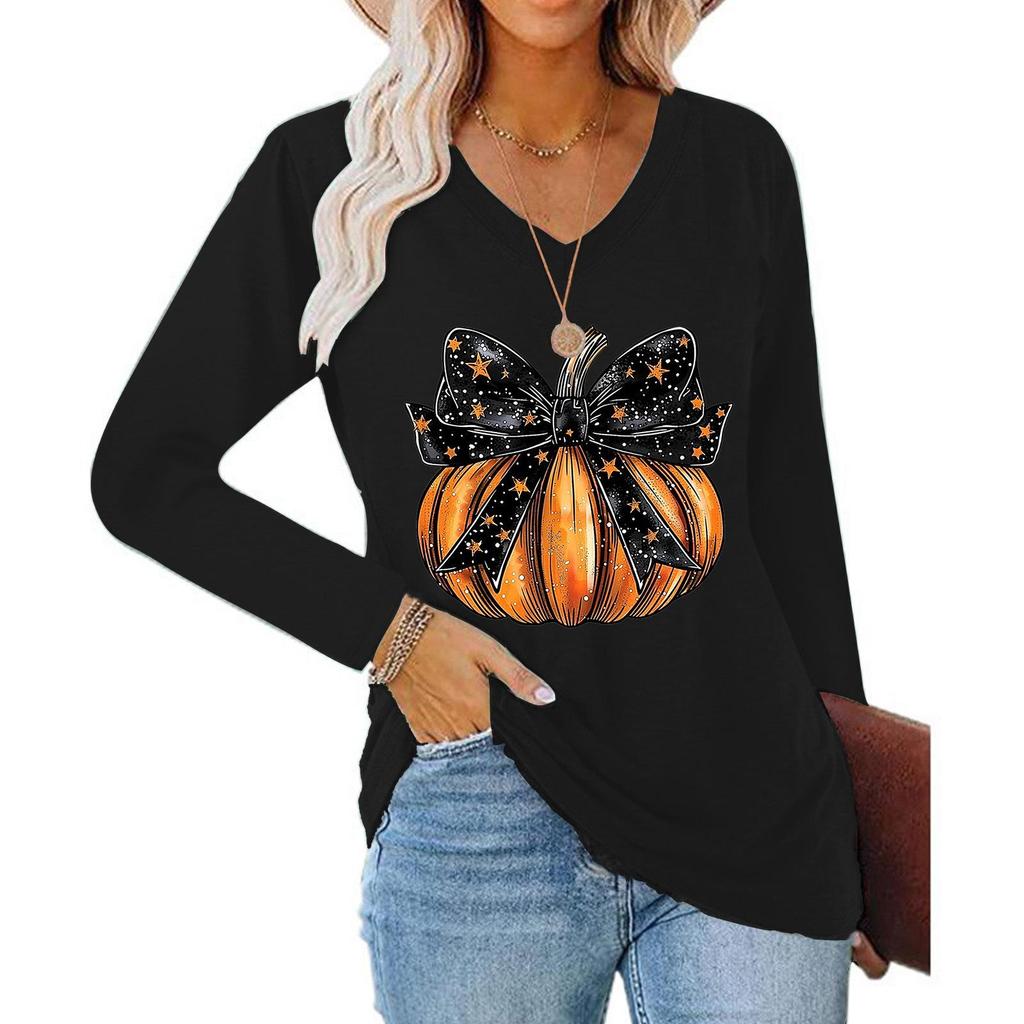 Damen Halloween V-Ausschnitt Kürbisdruck Langarm Oberteil (2025)
