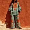 1116 Bohemian Print Cotton and Linen Suit Women's Bubble Sleeves Loose Top Wide-leg Pants Two-piece Set