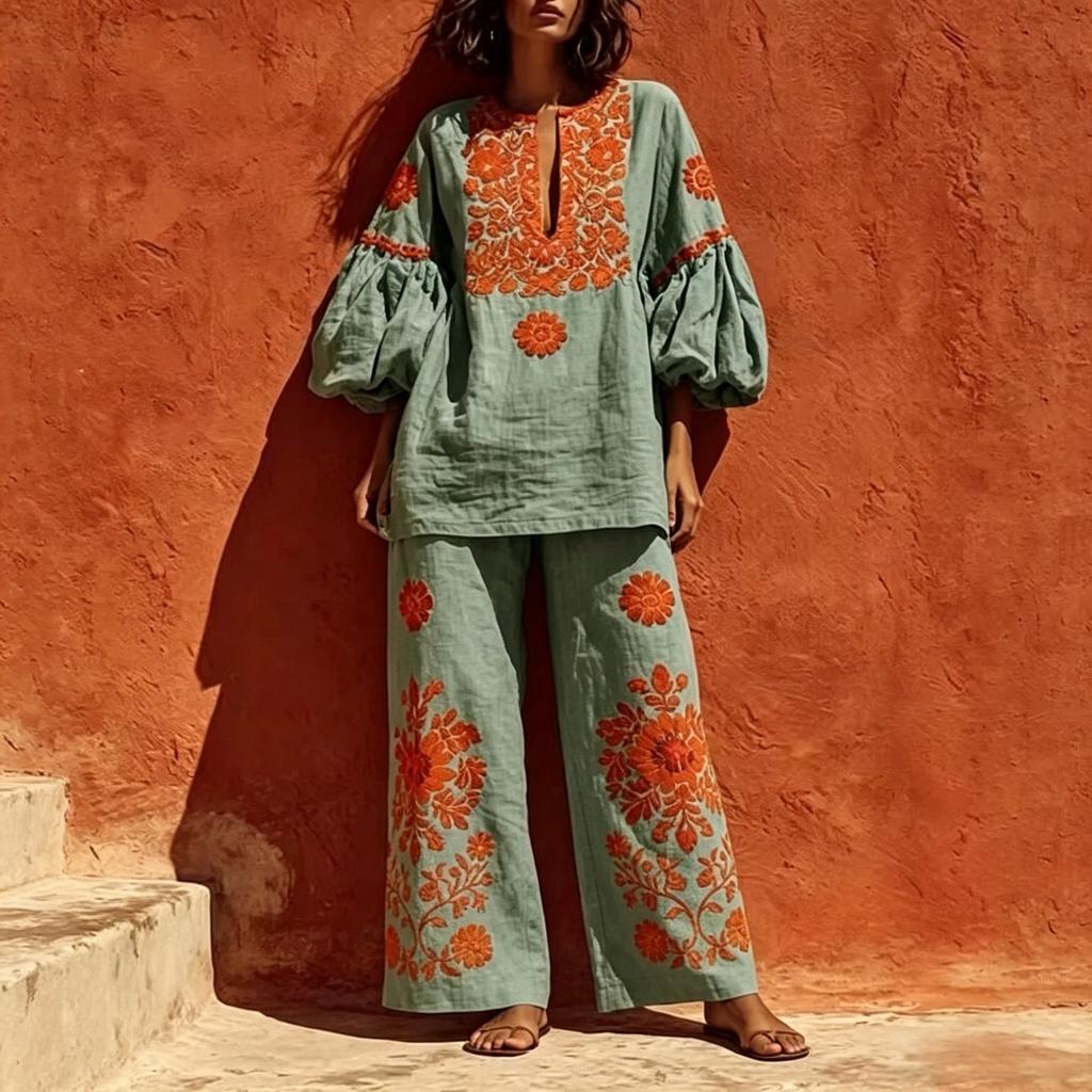 1116 Bohemian Print Cotton and Linen Suit Women's Bubble Sleeves Loose Top Wide-leg Pants Two-piece Set
