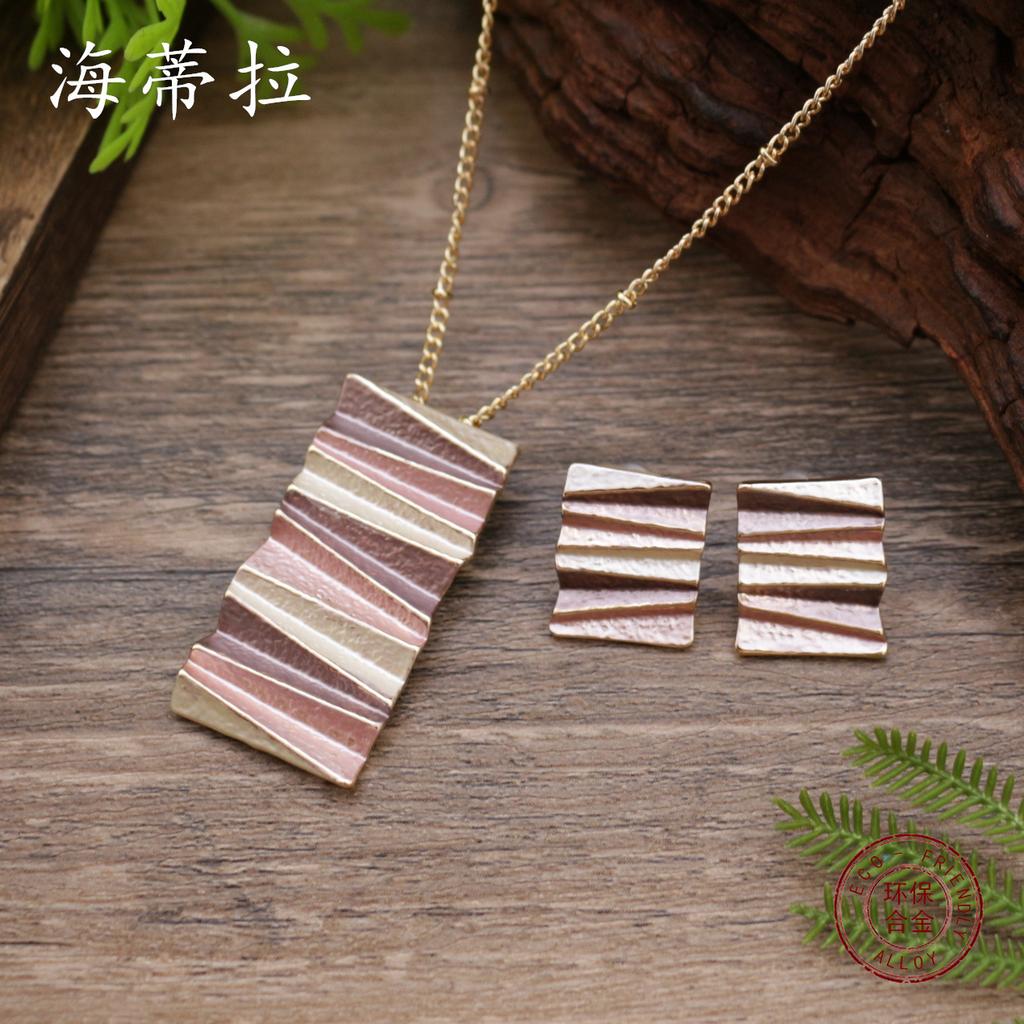 New enamel folding square geometric stud earrings pendant set, women's exaggerated irregular necklace.