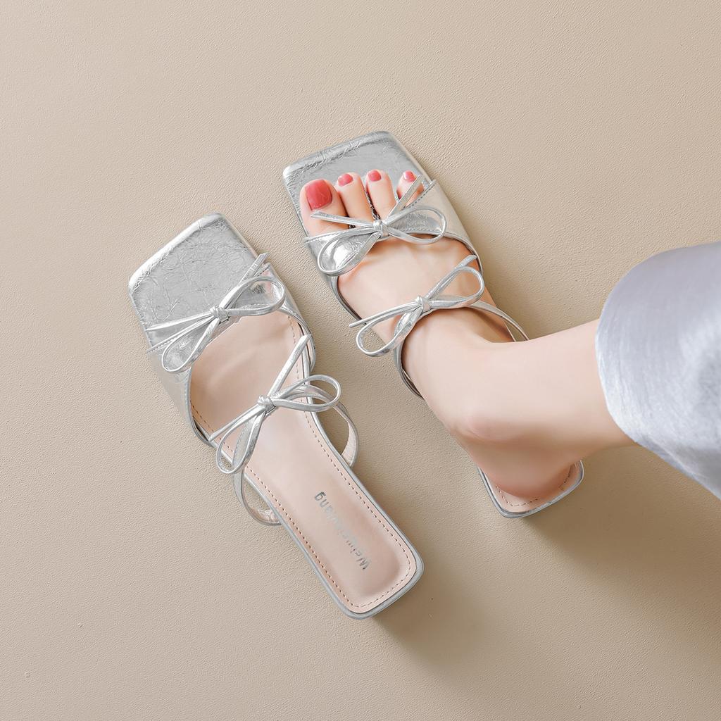 1866-1 Gentle Fairy Wind Cool Slippers Bow Open Toe Word With Thick Heel Slippers Female Summer