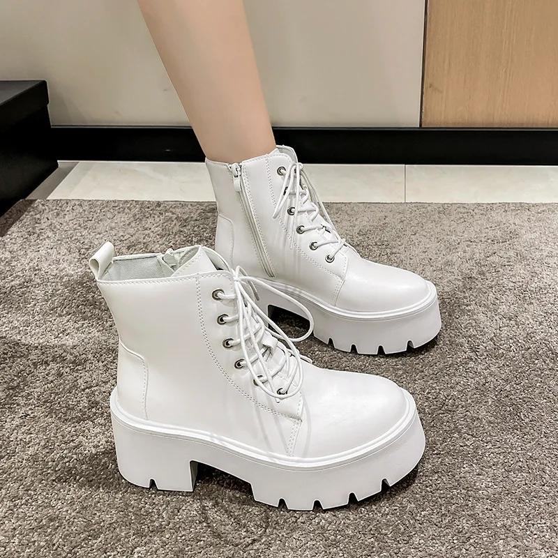 Herbst Damen Stiefel Schnalle Runde Zehenpartie Keilabsatz Plateau Botines Punk Goth Damen Straßenschuhe Kampfstiefel für Damen Botines Mujer