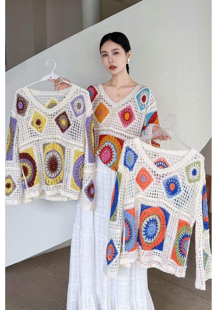 2026 Spring V-neck Crochet Knit Plus Size Women's Cardigan Top