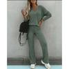 Women Casual Loose Long Sleeve V Neck Knit Two Piece Top Wide Leg Pants Set Autumn Winter