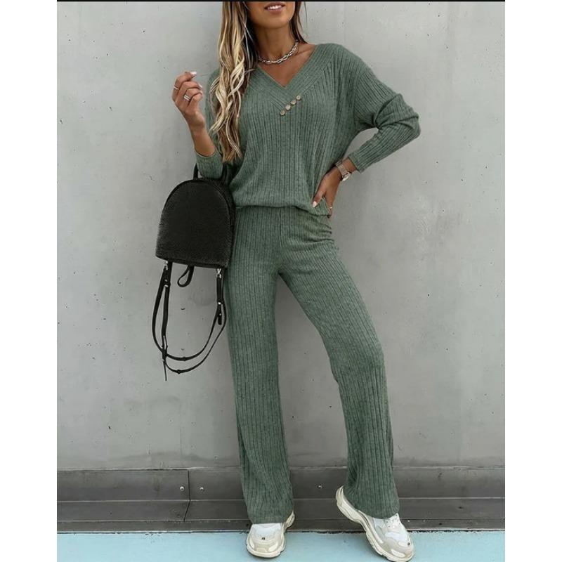 Women Casual Loose Long Sleeve V Neck Knit Two Piece Top Wide Leg Pants Set Autumn Winter
