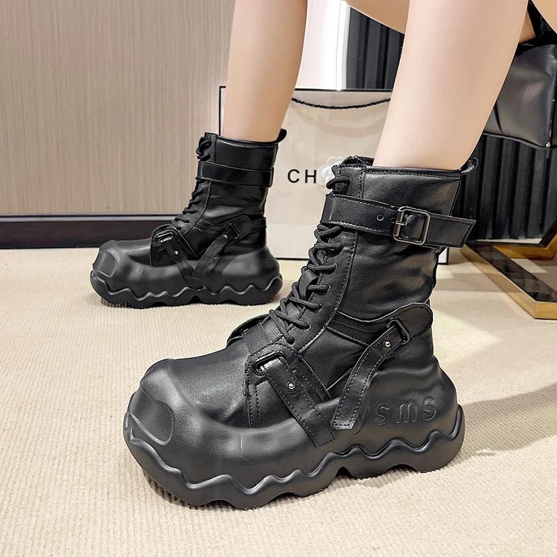 Fashion 8CM Fashion Women's Leather Punk Style Ankle Boots Autumn Winter Heels Chunky Sneakers High Platform Zip Motorcycle Boots Woman