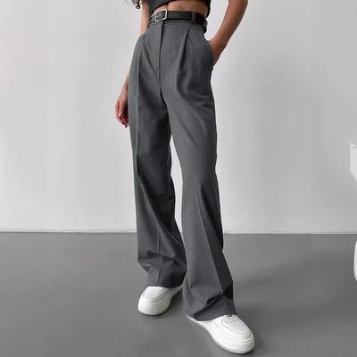 Pantalon de travail élastique taille haute pour femme, coupe droite, style décontracté, avec poches, coupe large, pour l'automne et l'hiver