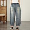 Plus size Vintage broderi hög midja vardaglig lös Dam vår sommar höst jeans denim vida ben Byxor