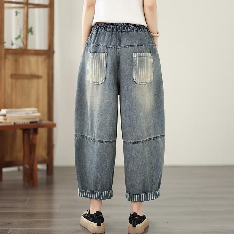 Plus size Vintage broderi hög midja vardaglig lös Dam vår sommar höst jeans denim vida ben Byxor
