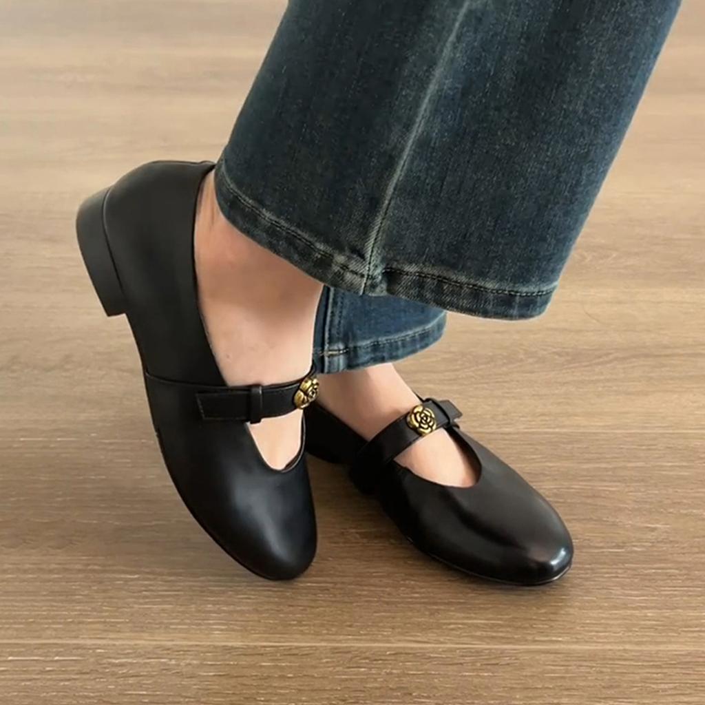 Sheepskin version~ Retro one-word small single shoes with round head women's British style camellia one-pedal flat Mary Jane shoes