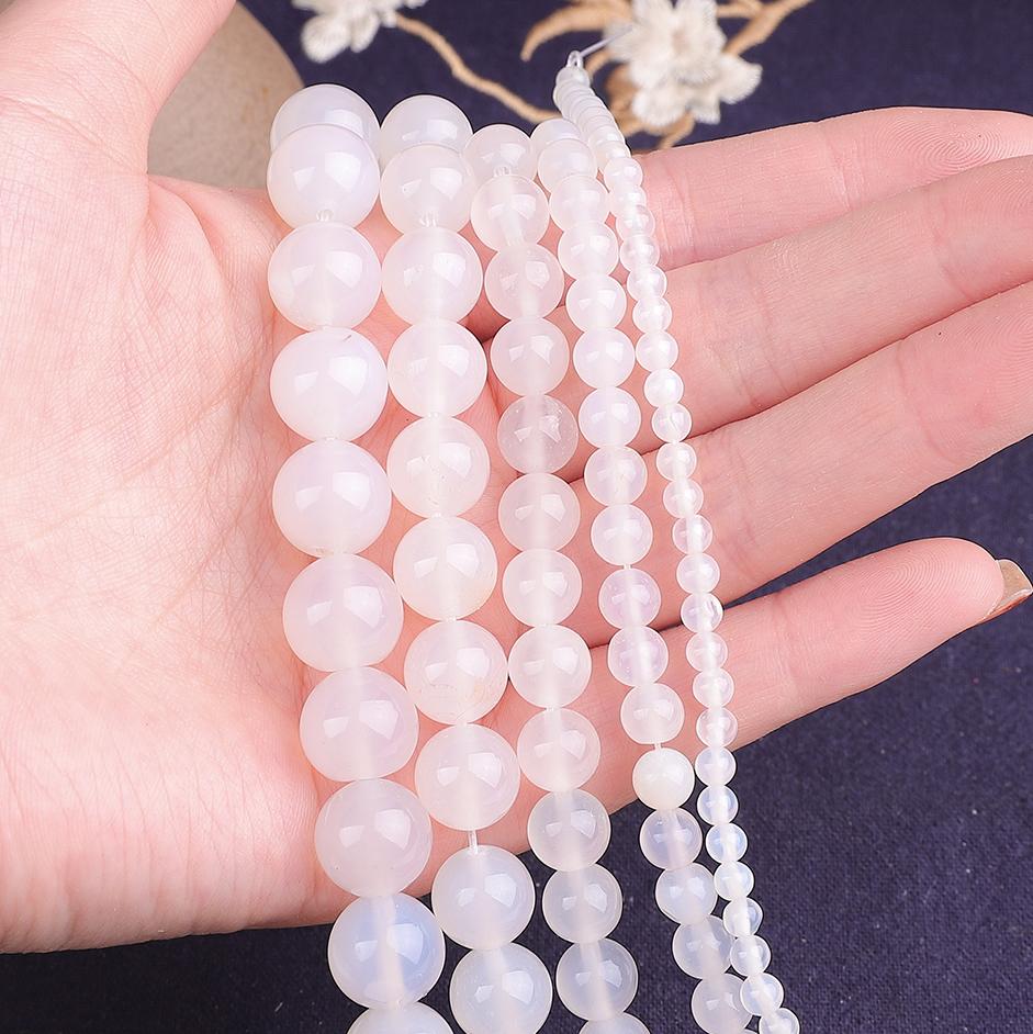 4-12mm Natural Smooth White Agate Stone Round Loose Beads For Jewelry Making