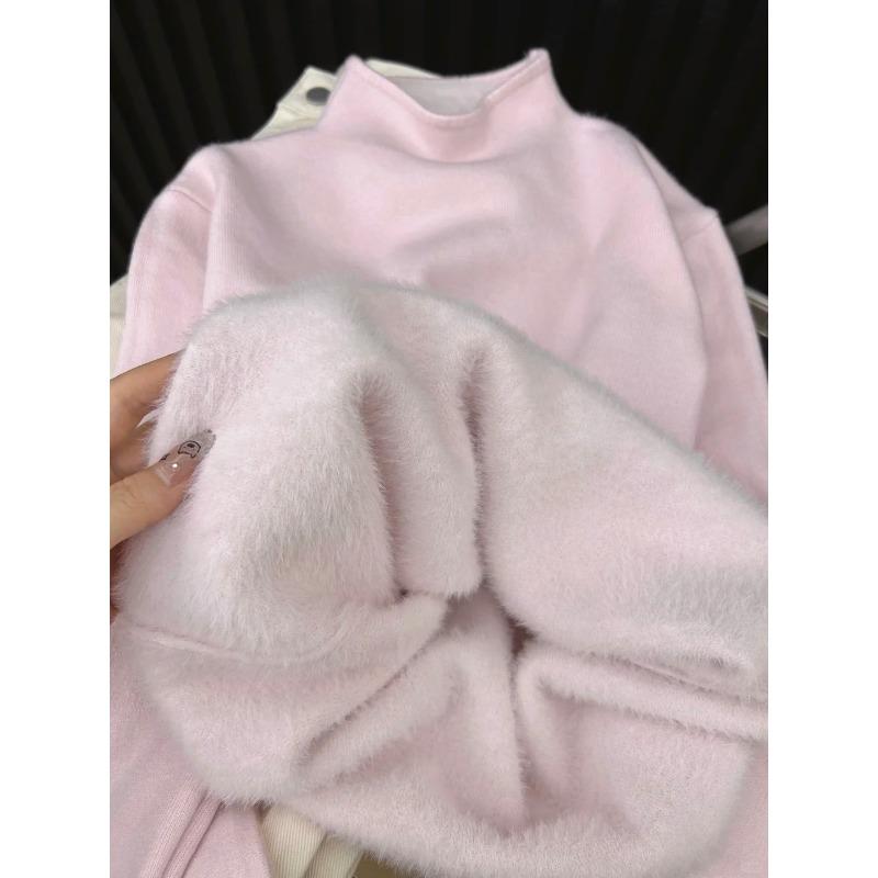 Temperament Soft Waxy Semi-turtleneck Sweater Bottoming Shirt Women's Autumn and Winter Velvet Thickened Solid Color Knitted Top with Inside