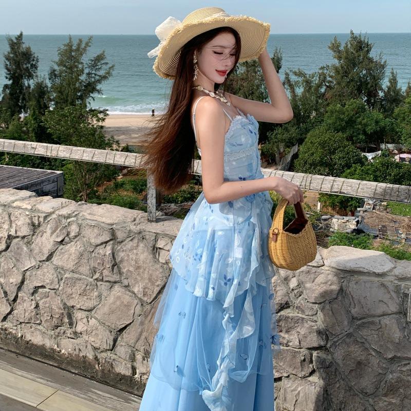 Pure Desire Light Blue Irregular Blue Suspender, Butterfly Gauze Skirt Vacation Skirt