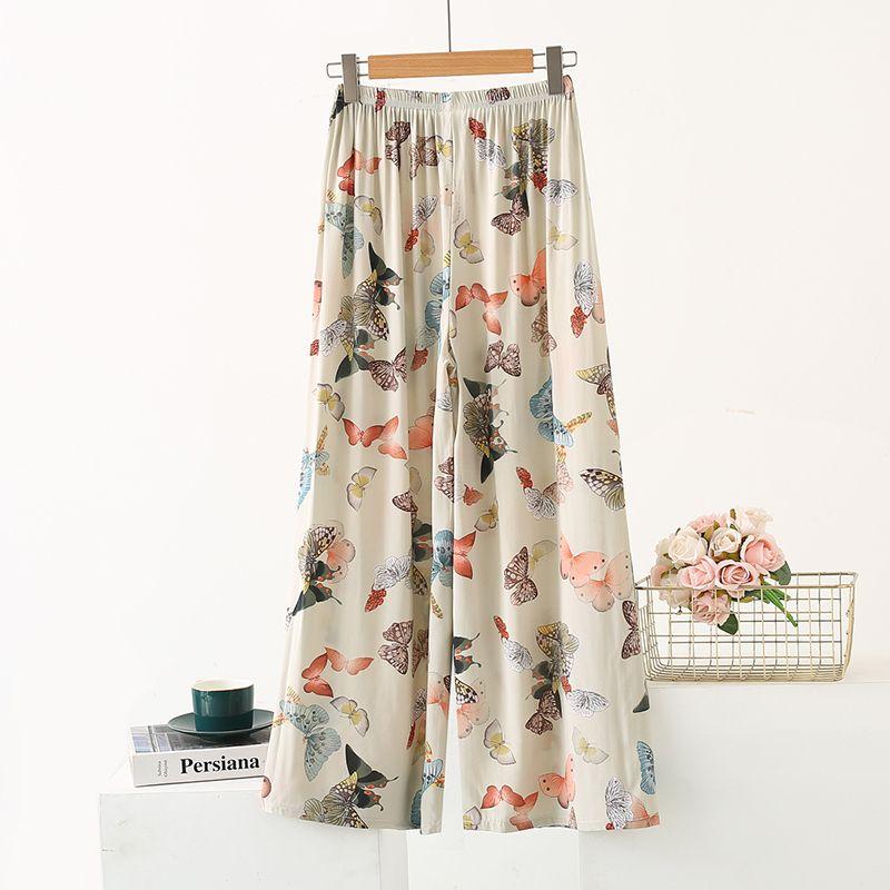 

Женские летние новые удобные хлопковые брюки, тонкие свободные и повседневные домашние цветочные широкие спальные брюки One size