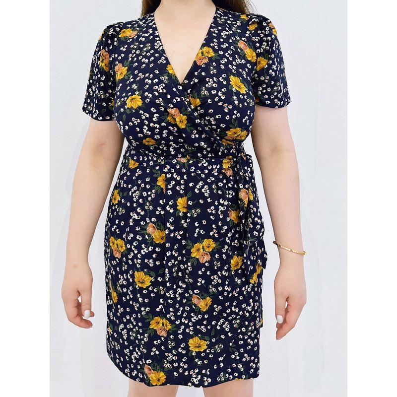

30% off Miss Biggie Fashion Plus Size Slimming V-Neckline High Waist Shoelace Short Sleeve Print Chiffon Dress Navy blue bottom yellow flower XL